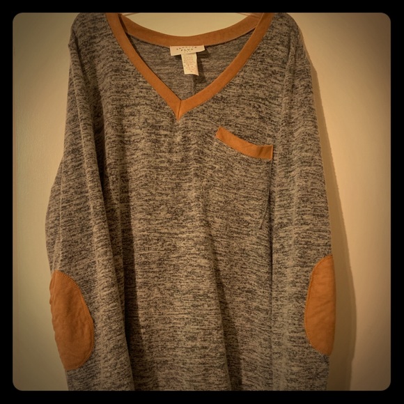 Sweaters - Gray v neck sweater with suede tan trim